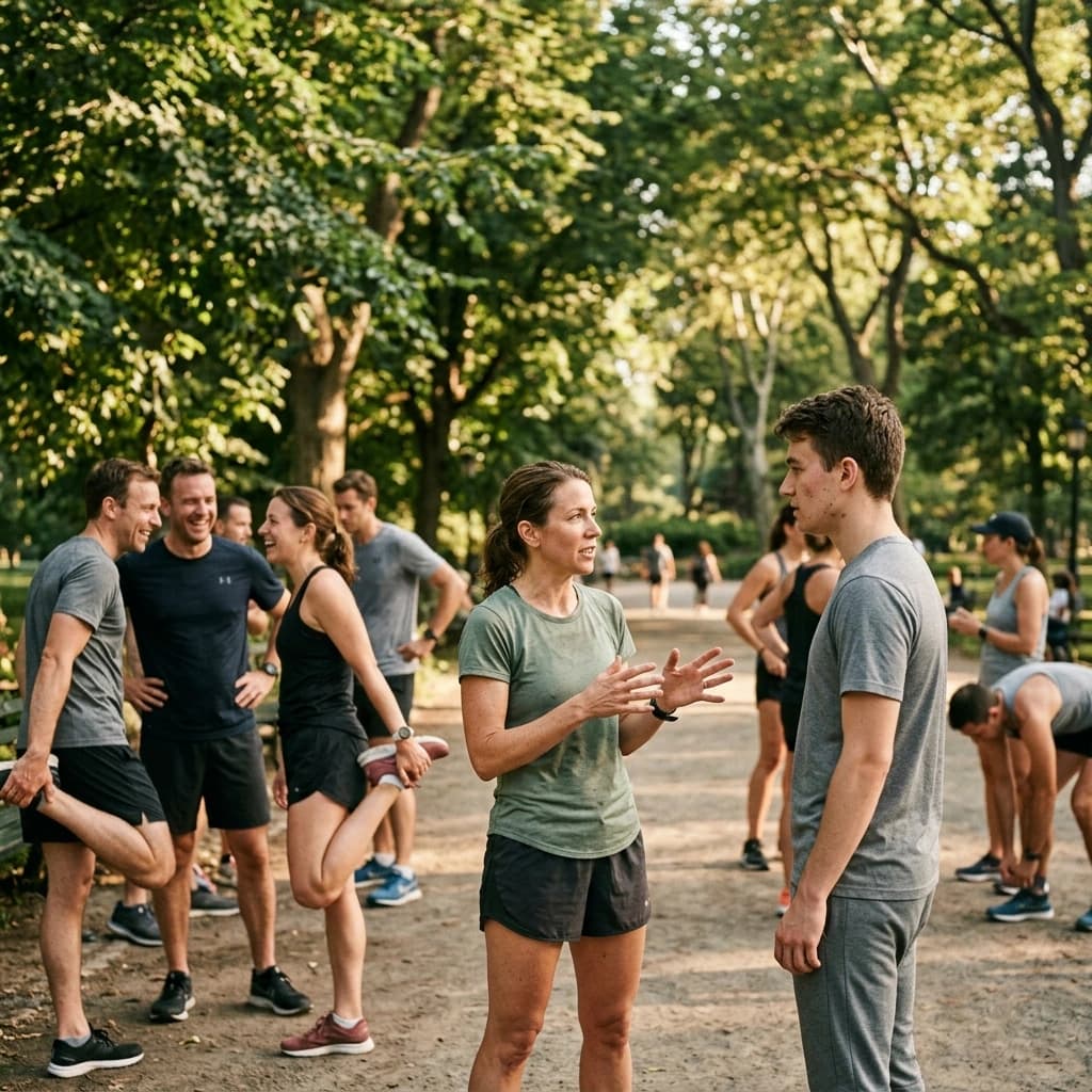 A mixed group of adult runners gathering in a city park at morning light, one club member talking with a newcomer at the edge of the group