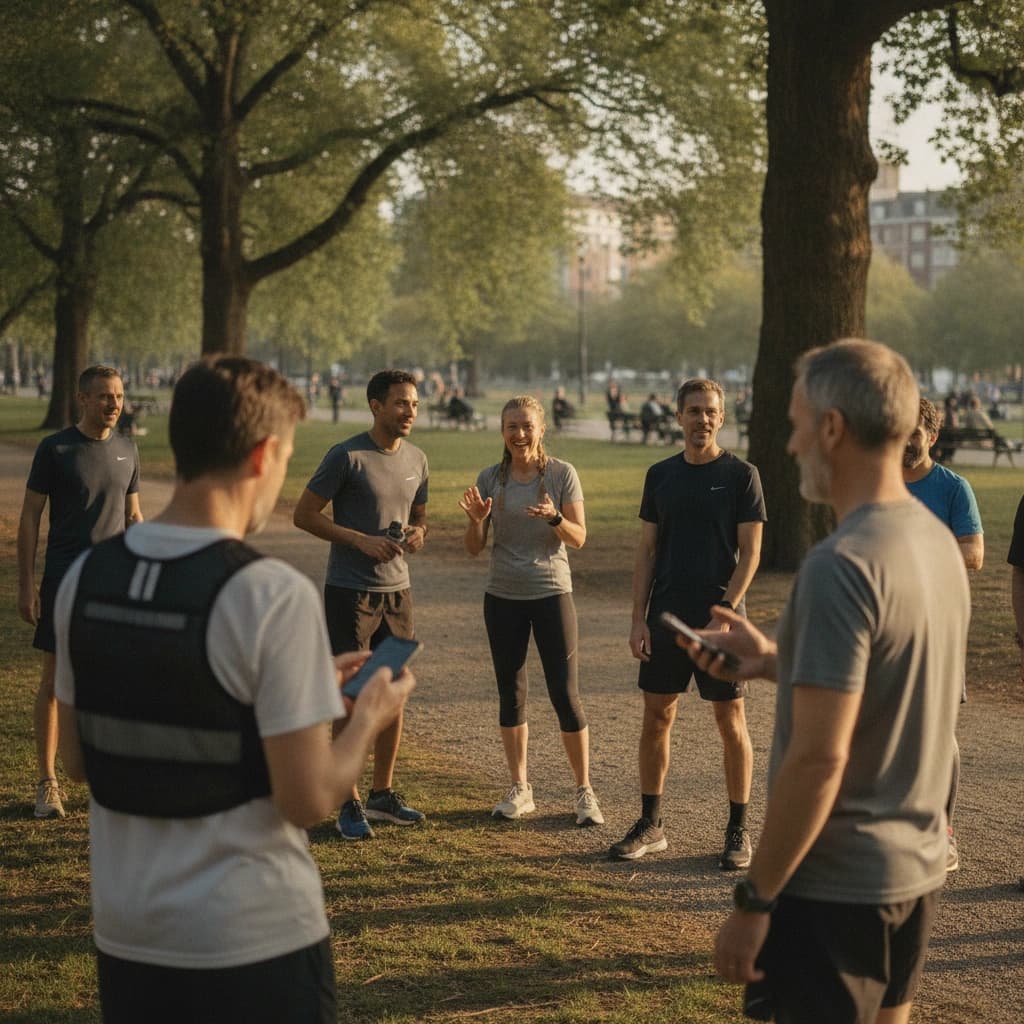 A running club organizer checks members in on a phone after a golden-hour group run in a city park