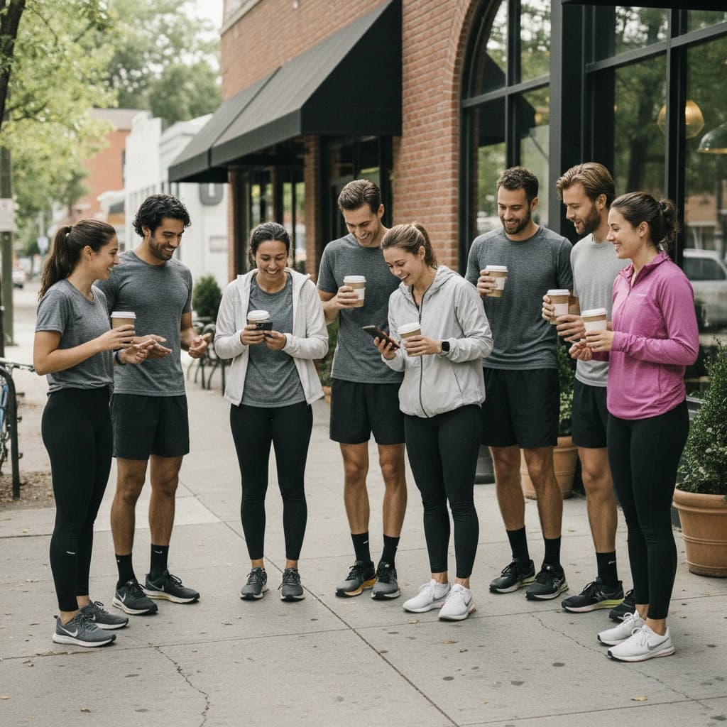 A diverse group of runners in their twenties laughing together outside a neighborhood coffee shop after a morning group run.