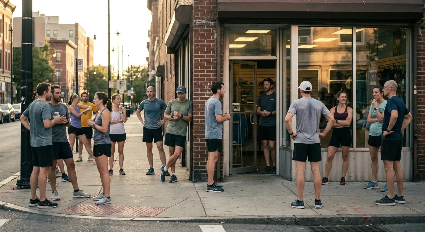 A dozen runners gathered on a sidewalk outside a small independent running store before an evening group run