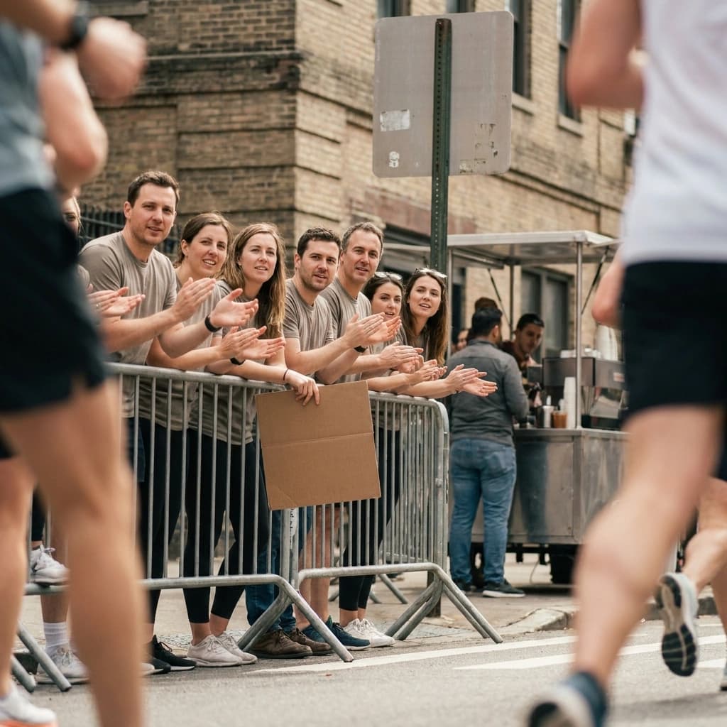 Club members in matching shirts leaning over a barrier at a city marathon cheer station, clapping as runners pass