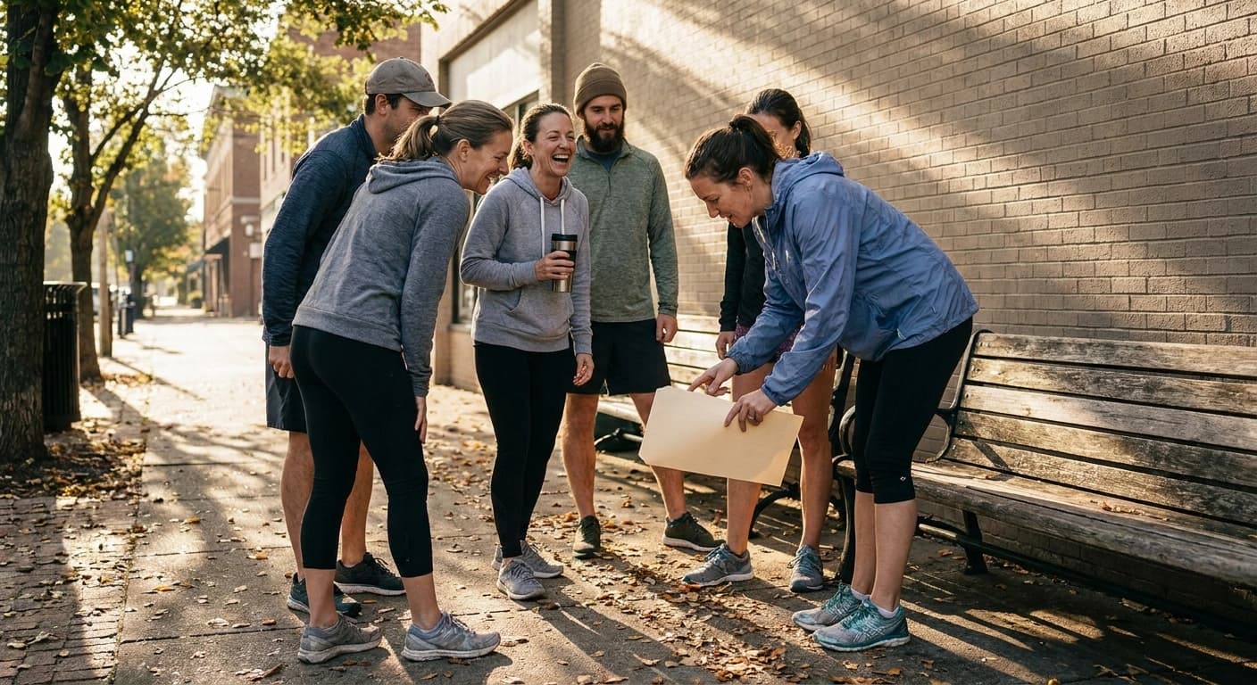 Run club members standing around a bench outside a running store on a late summer morning, looking at a paper race flyer