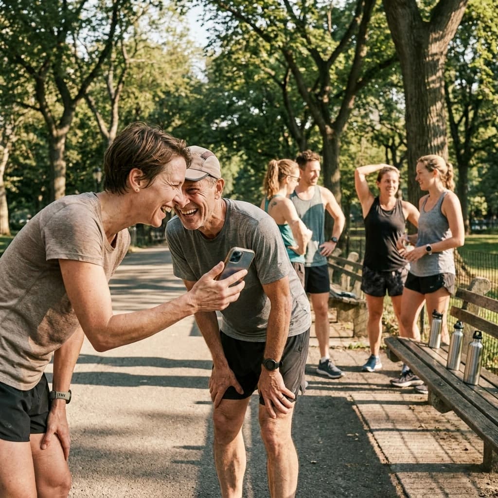 Two runners laughing in a sunlit park after a group run, one holding out a phone to the other while other members stretch nearby.