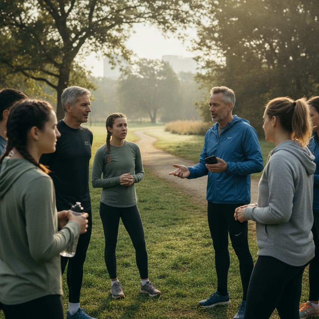 A run club leader showing a route on a phone to a mixed-pace group of runners at a city park trailhead in early morning light.