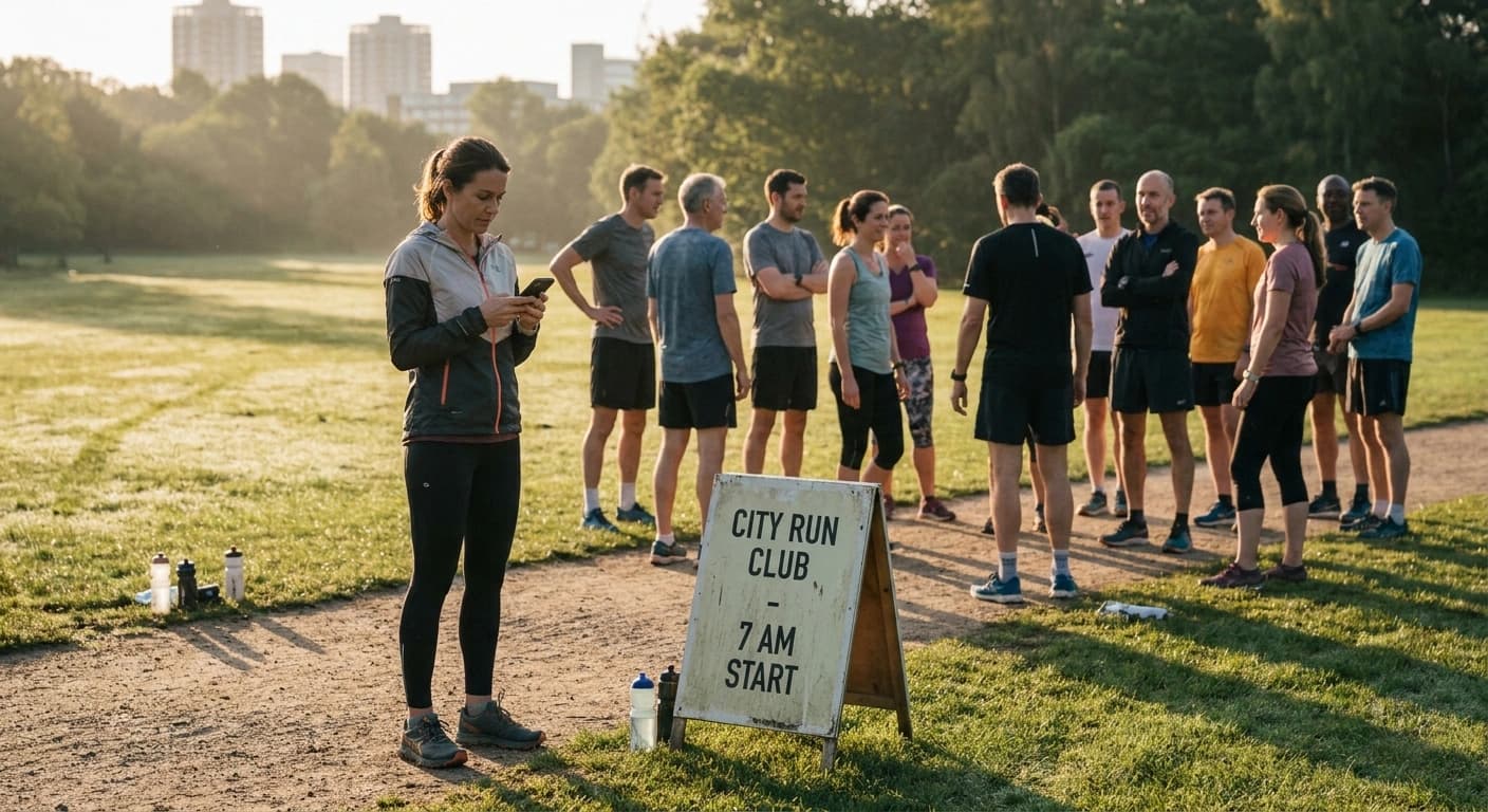 A run club organizer checking a phone before a group run while runners gather at a park trailhead in early morning light