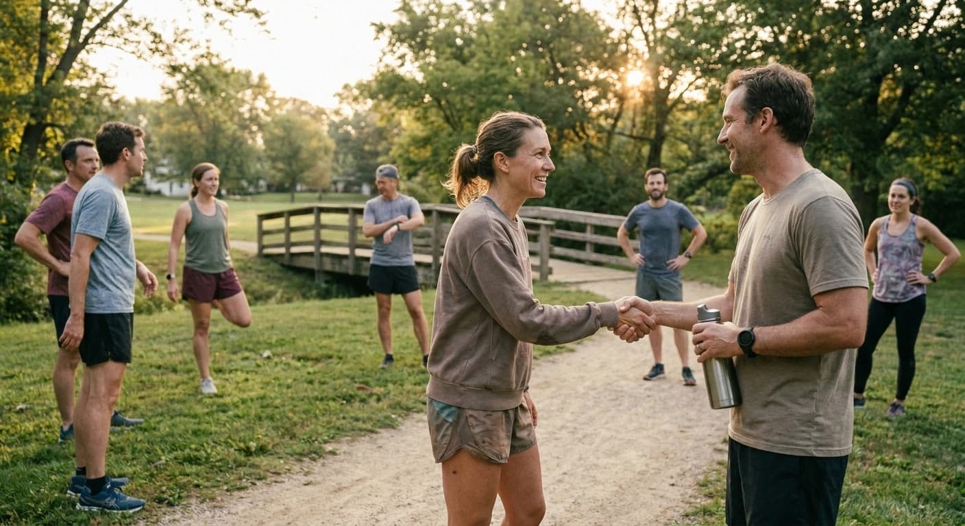 A run club founder shakes hands with a newcomer on a park path at golden hour while other members stretch nearby