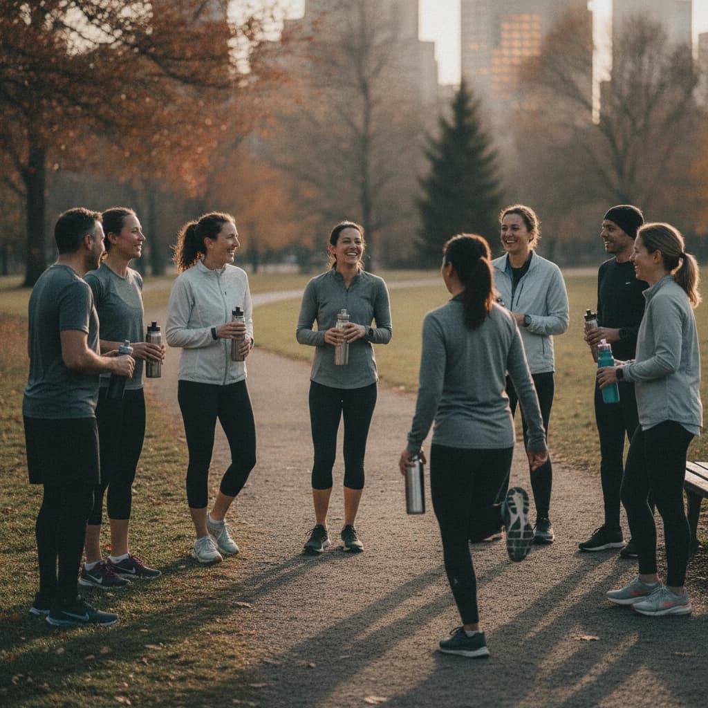 A diverse group of adult runners standing in a loose circle on a city park path at golden hour after a group run, laughing and talking, water bottles in hand