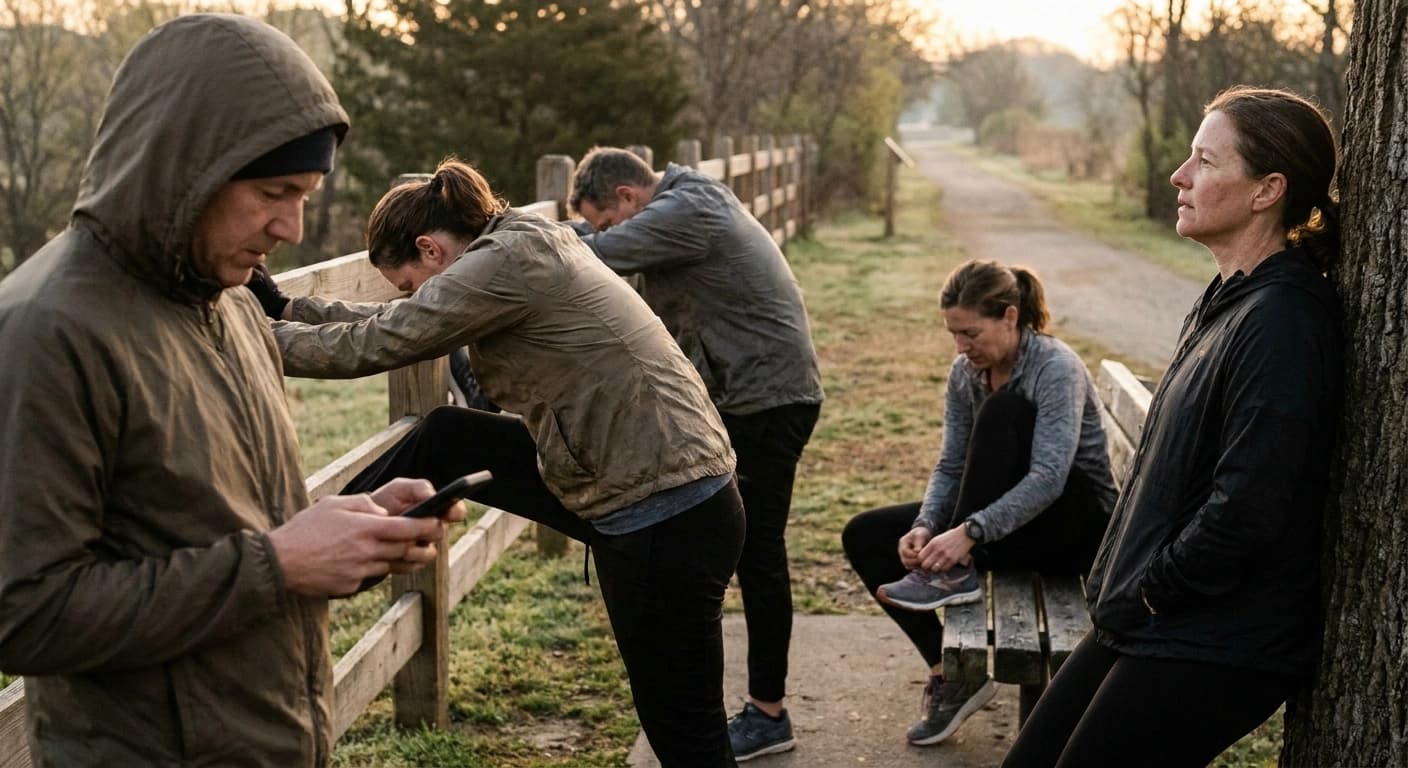 A small running club gathered at a park trailhead at sunrise while one organizer checks a phone