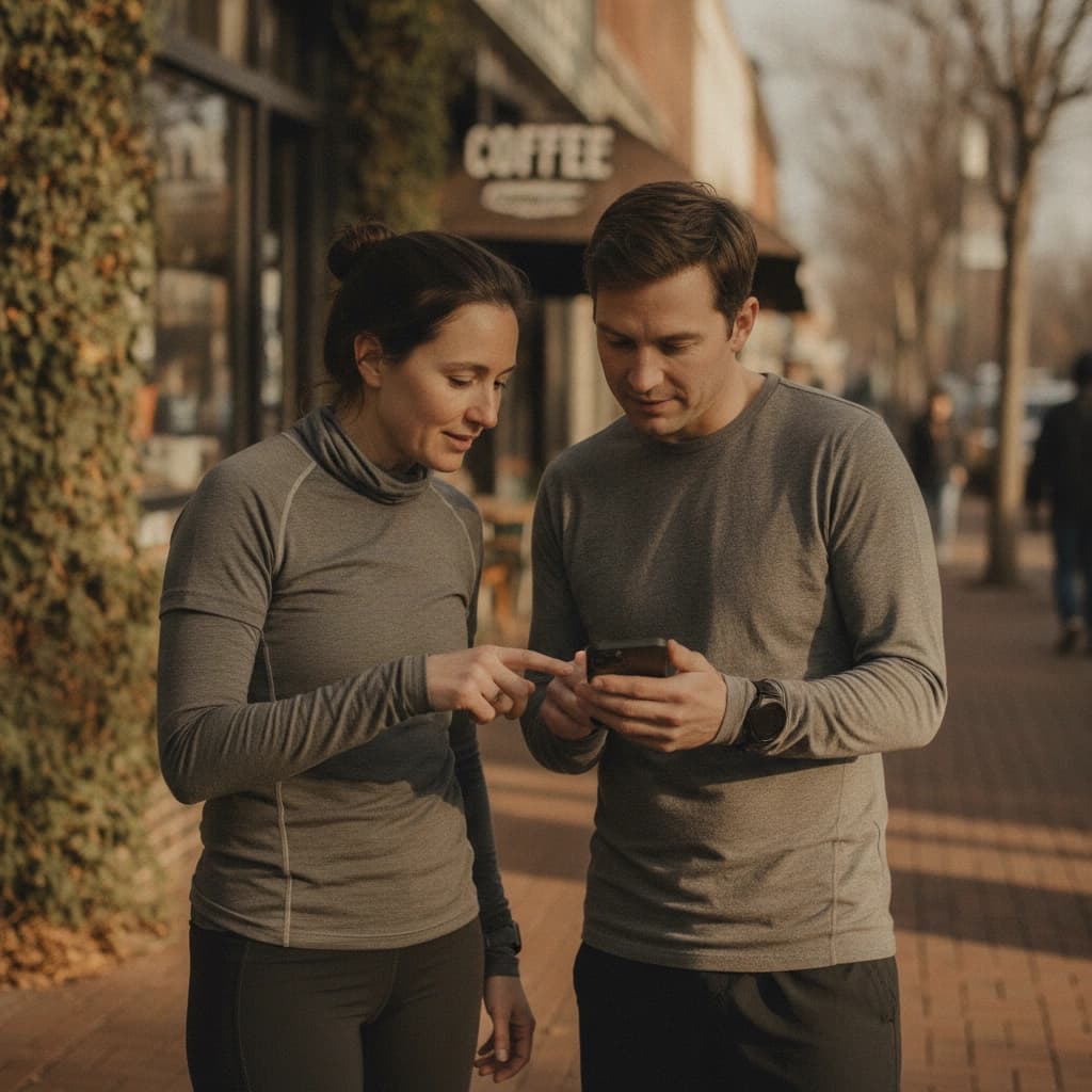 Two run club organizers reviewing the week's group runs together on a phone outside a coffee shop after a morning run