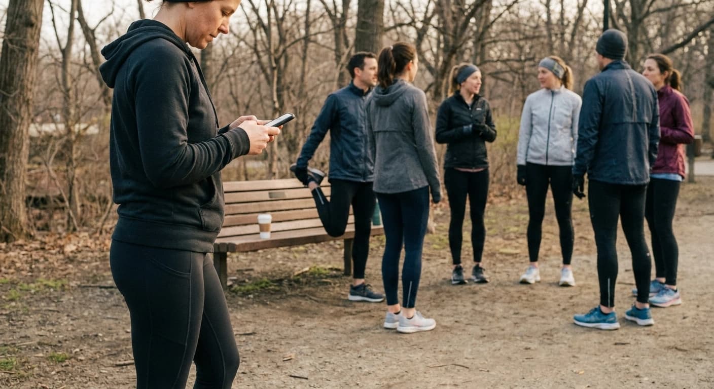 A run club organizer types on her phone at a park trailhead at sunrise while club members stretch behind her