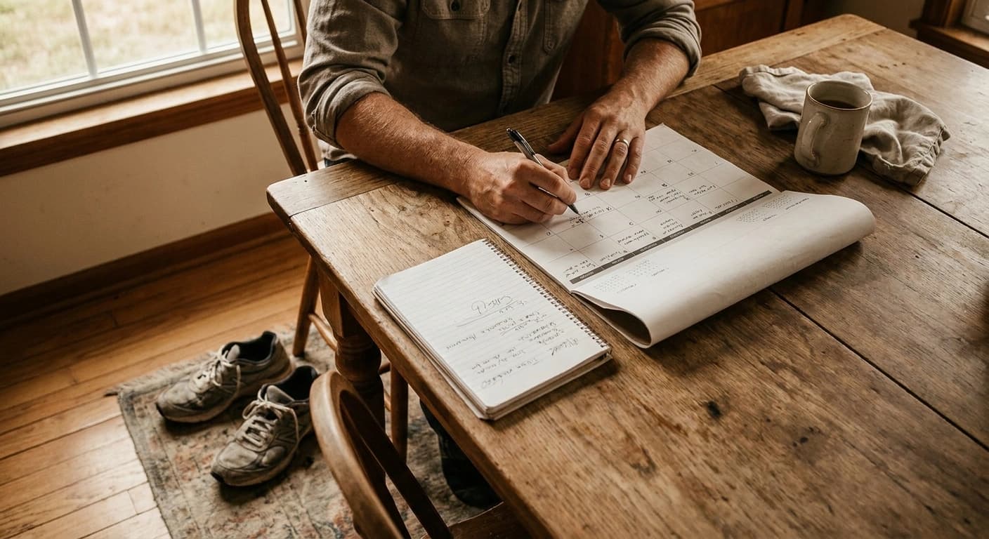 A wall calendar and notebook open on a kitchen table in late summer morning light, running shoes on the floor nearby