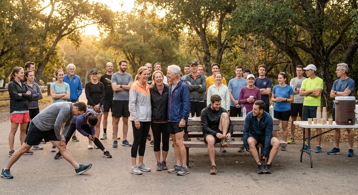 A friendly running club gathered at a tree-lined park trailhead at golden hour, stretching and laughing before a group run.