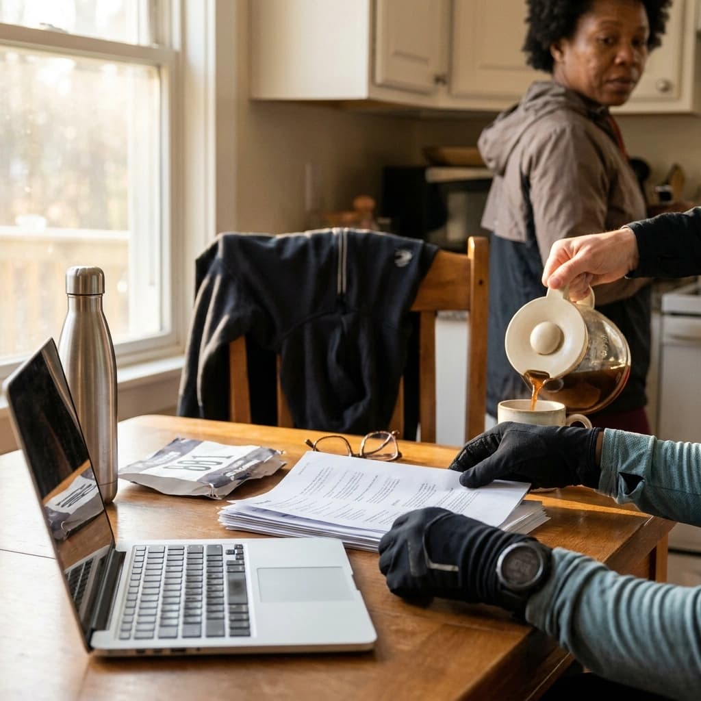 Hands in running gear sorting club paperwork beside a laptop on a kitchen table in Saturday morning light