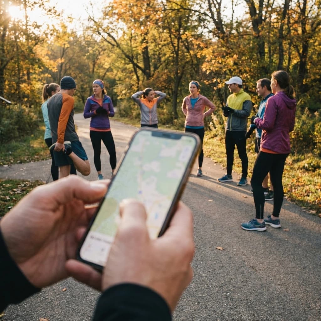 A run leader holds a phone showing a map at a park trailhead while club members gather behind them in early-fall evening light