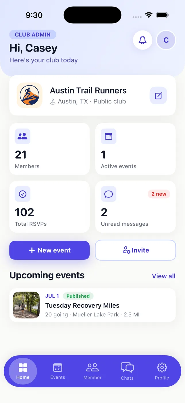 The RunLink club admin home screen showing members, active events, RSVPs and unread messages