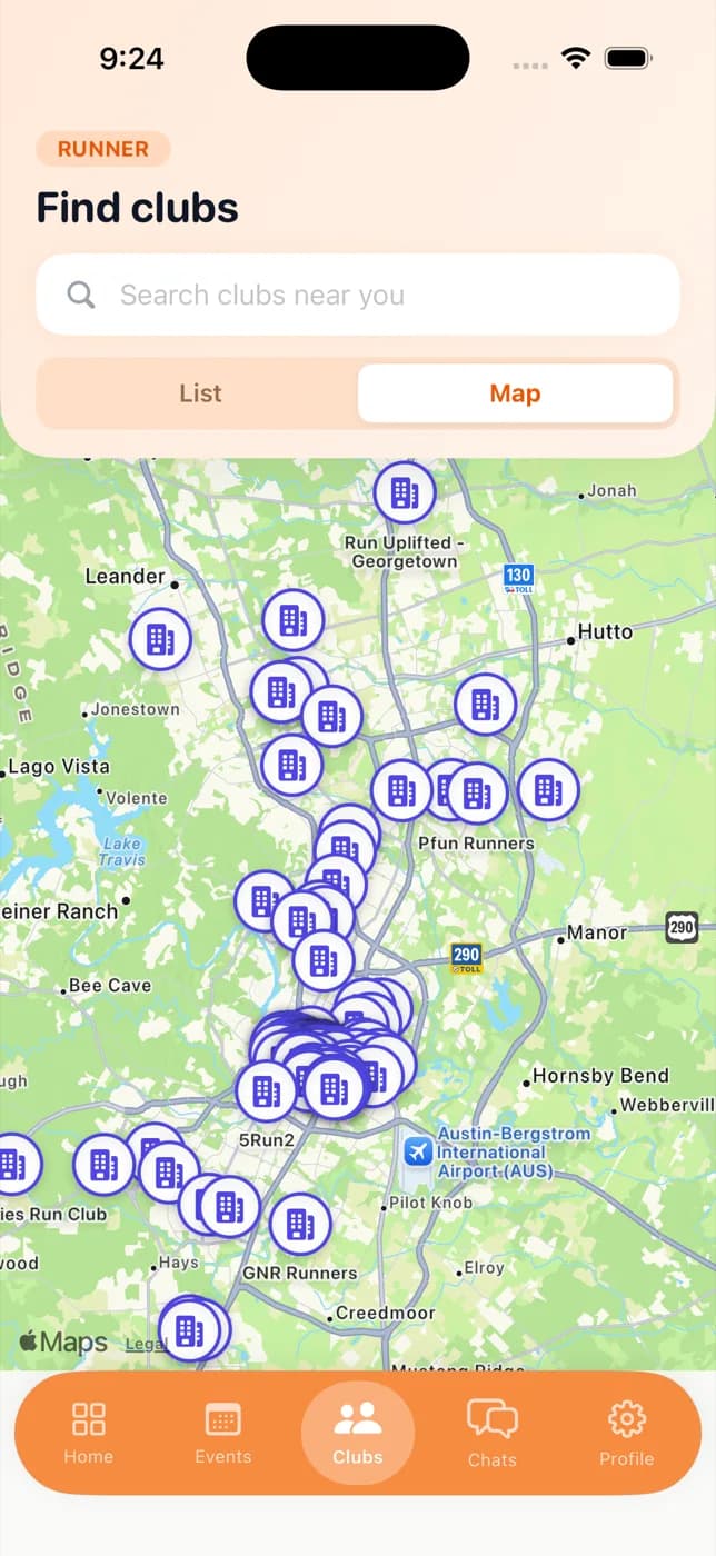 The RunLink iPhone app showing running clubs mapped across Austin, Texas