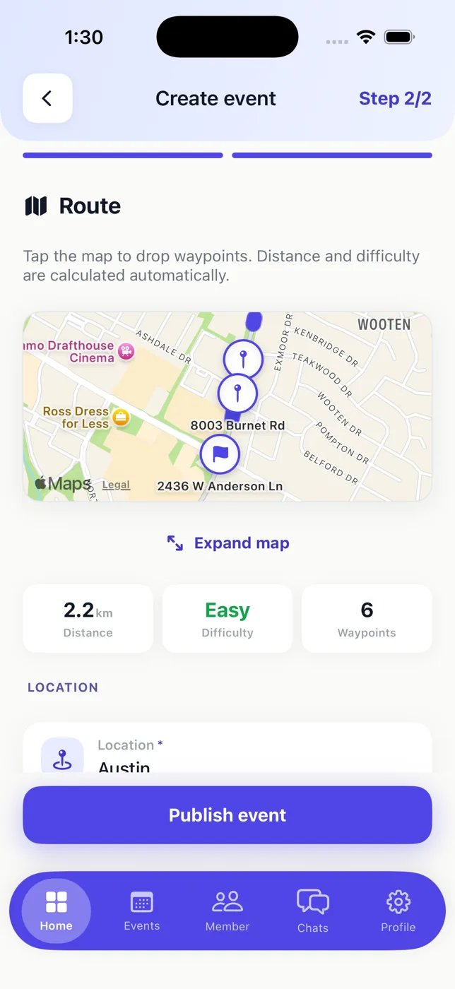 Creating a RunLink event, with waypoints dropped on a map and distance calculated automatically