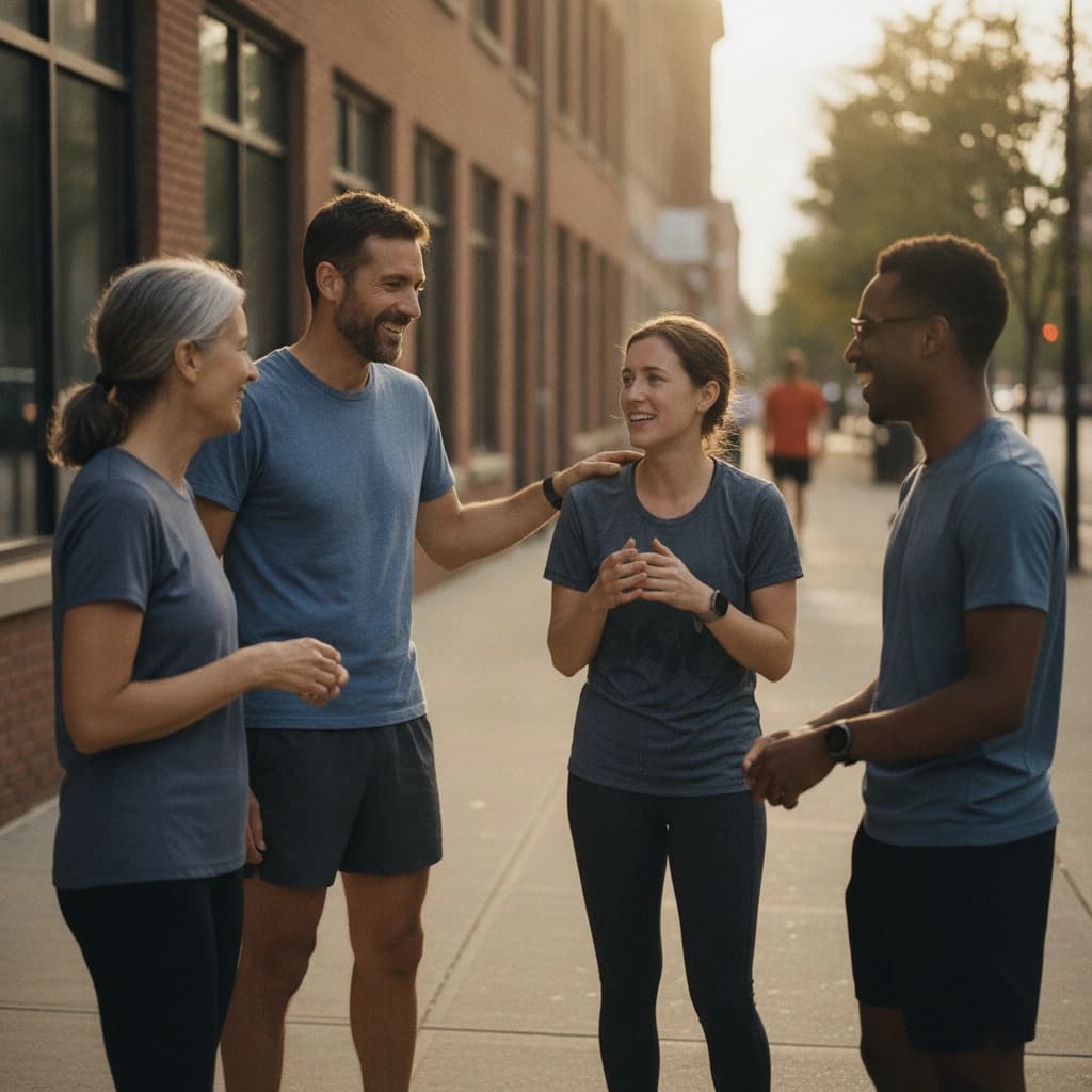A small group of casual runners gathered on a city sidewalk after an evening group run, one regular welcoming a newcomer with a smile.
