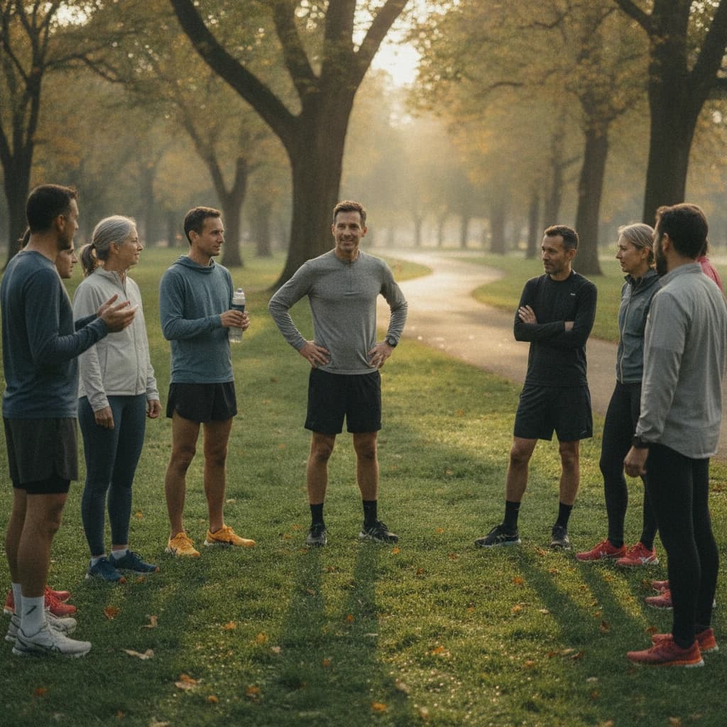 A small group of adults introducing themselves at a park trailhead before a morning group run