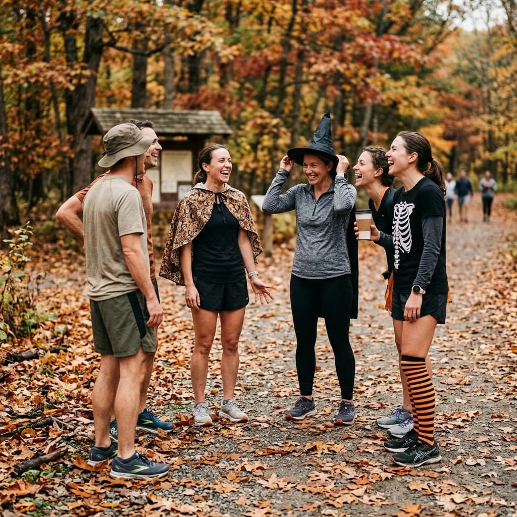 A small group of adult runners in homemade costumes laughing at a park trailhead on an autumn morning