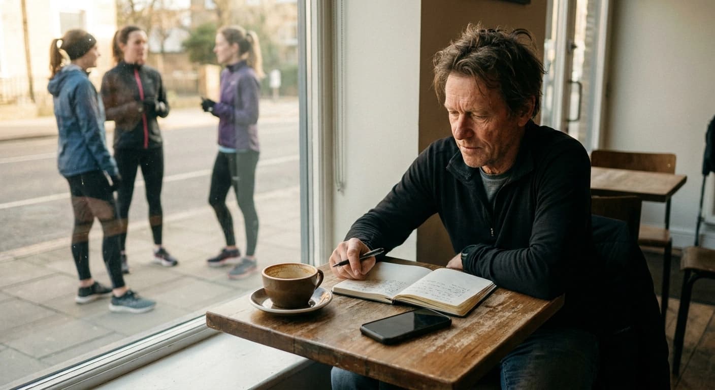 A running club organizer at a cafe table after a morning group run, a phone and small notebook in front of them