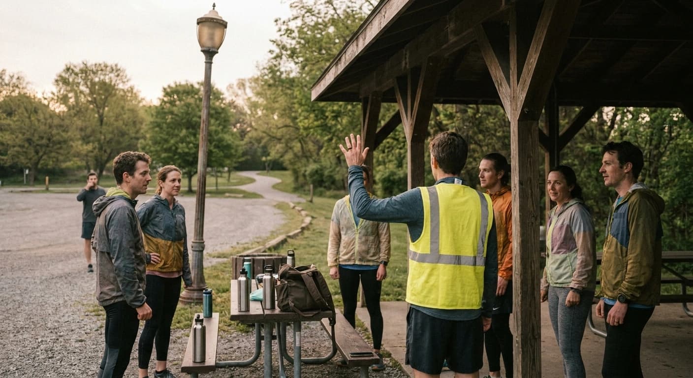 Runners gathering at dawn beside a park pavilion with a lamp post while one runner in a bright vest waves a newcomer over from the parking area