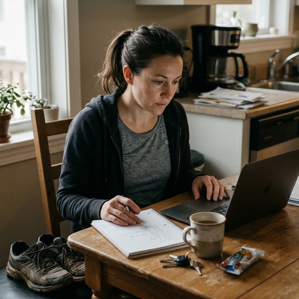 A running club organizer sits at a kitchen table at dawn with a laptop and a notebook, mapping out the apps her club uses before a morning group run.