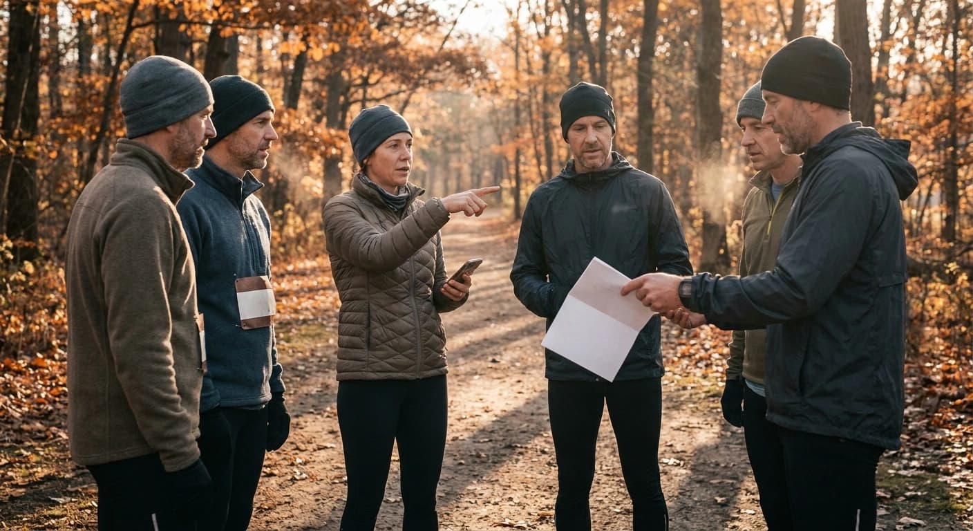 A small group of runners in fall layers gathers at a park trailhead at sunrise while one points down the path and another hands out a route sheet