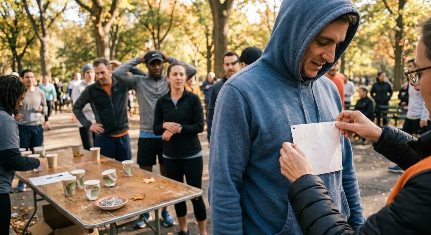 Volunteers pin a race bib on a runner at a folding table in a park on a fall morning while runners warm up under the trees