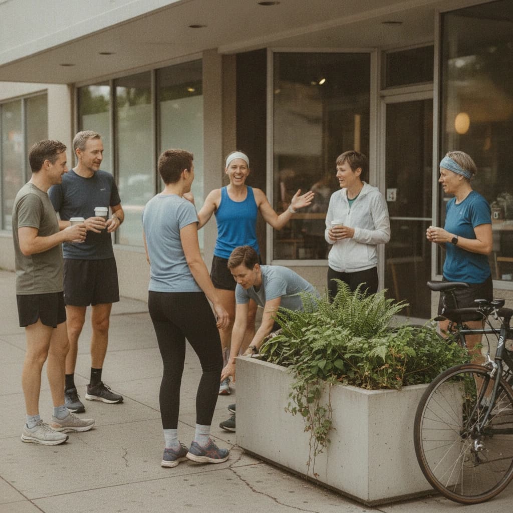 A running club standing outside a coffee shop after a group run, mid-conversation on a late summer morning