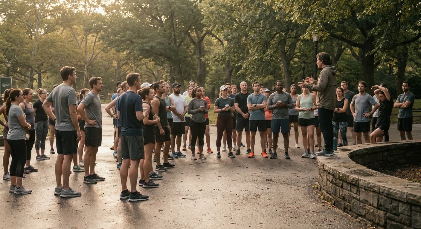 A large group of run club members gathered at a park trailhead before a morning group run while one person organizes them into smaller clusters