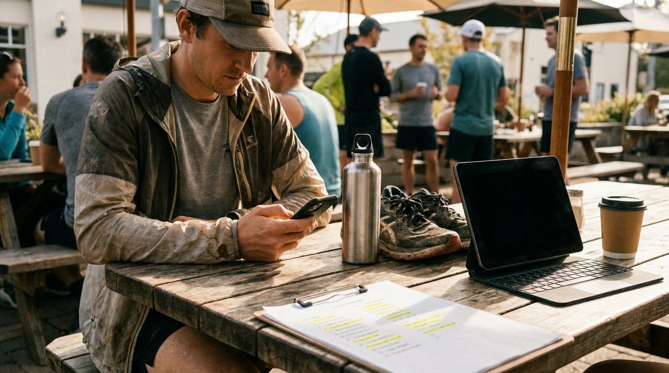 A run club organizer at a cafe table after a morning run with a laptop, a highlighted printed member list and a phone, other runners chatting in the background