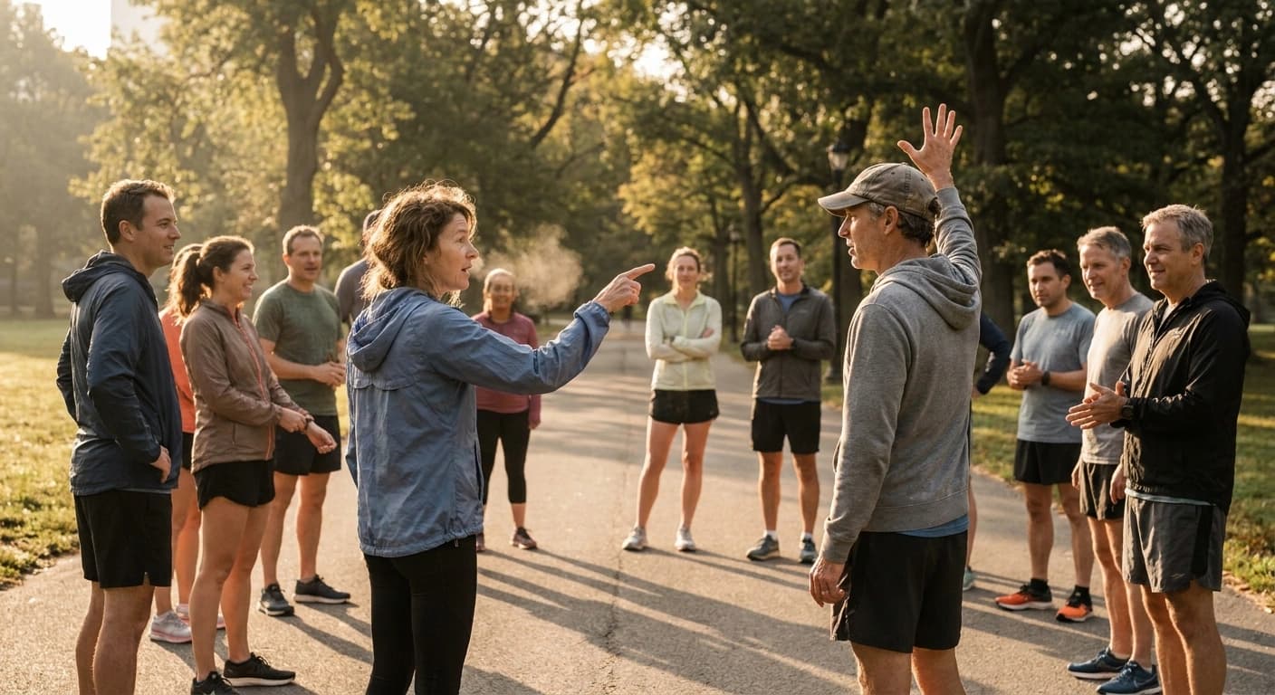 Two run club members leading a group of runners at a park meetup in early morning light