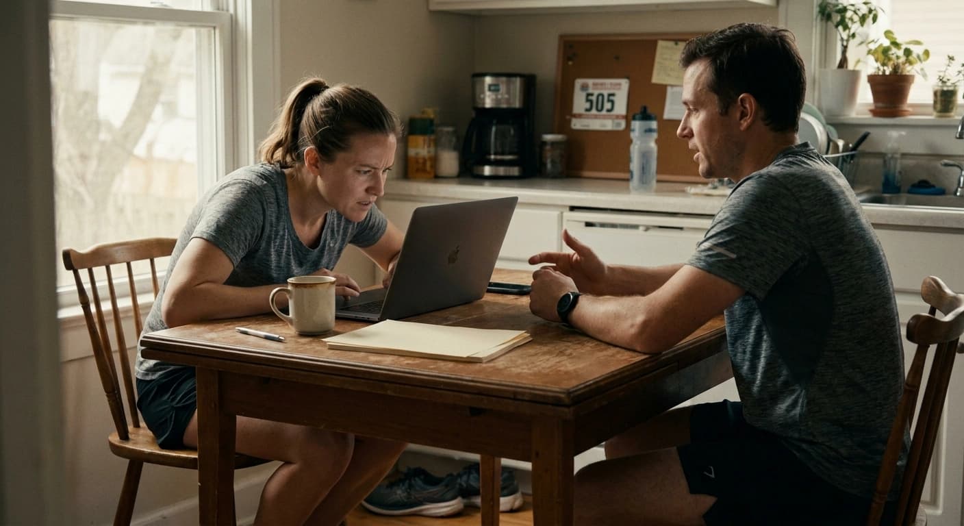Two run club organizers sitting at a kitchen table with a laptop and paperwork, sorting out club admin after a morning run