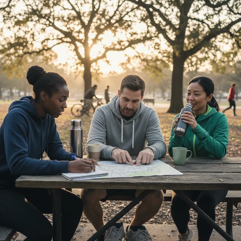 Three friends sitting at a park picnic table planning a running club at sunrise