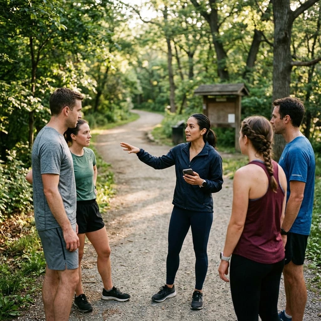 A small group of runners gathered at a city park trailhead in early summer light, one pointing the group toward the route