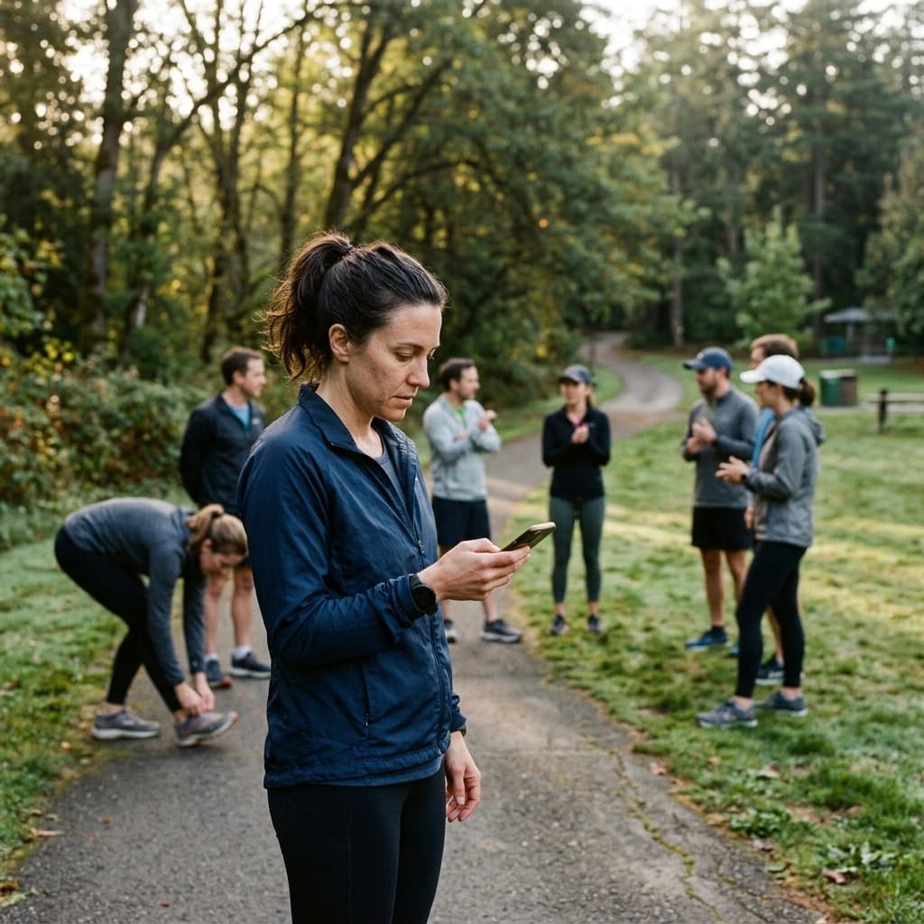 A run club organizer checks her phone at a park trailhead while members gather behind her at sunrise.