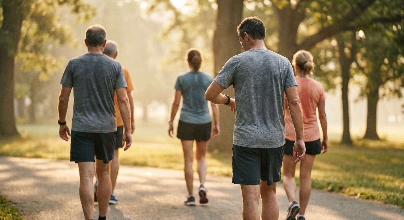 A group of runners on a park path in early morning summer light, with one runner slowing at the back of the pack