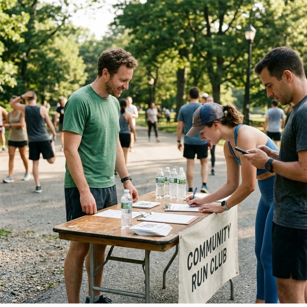 A running club organizer checking in members at a folding table at a city park trailhead on a bright morning, one runner signing a clipboard.