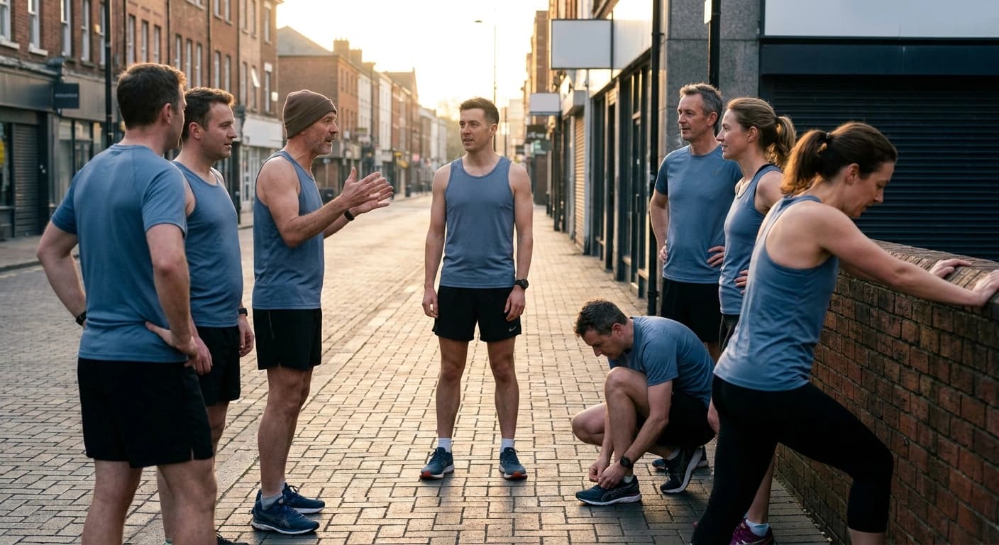 A running club gathered on a city sidewalk at sunrise, stretching and talking before a group run in warm morning light.