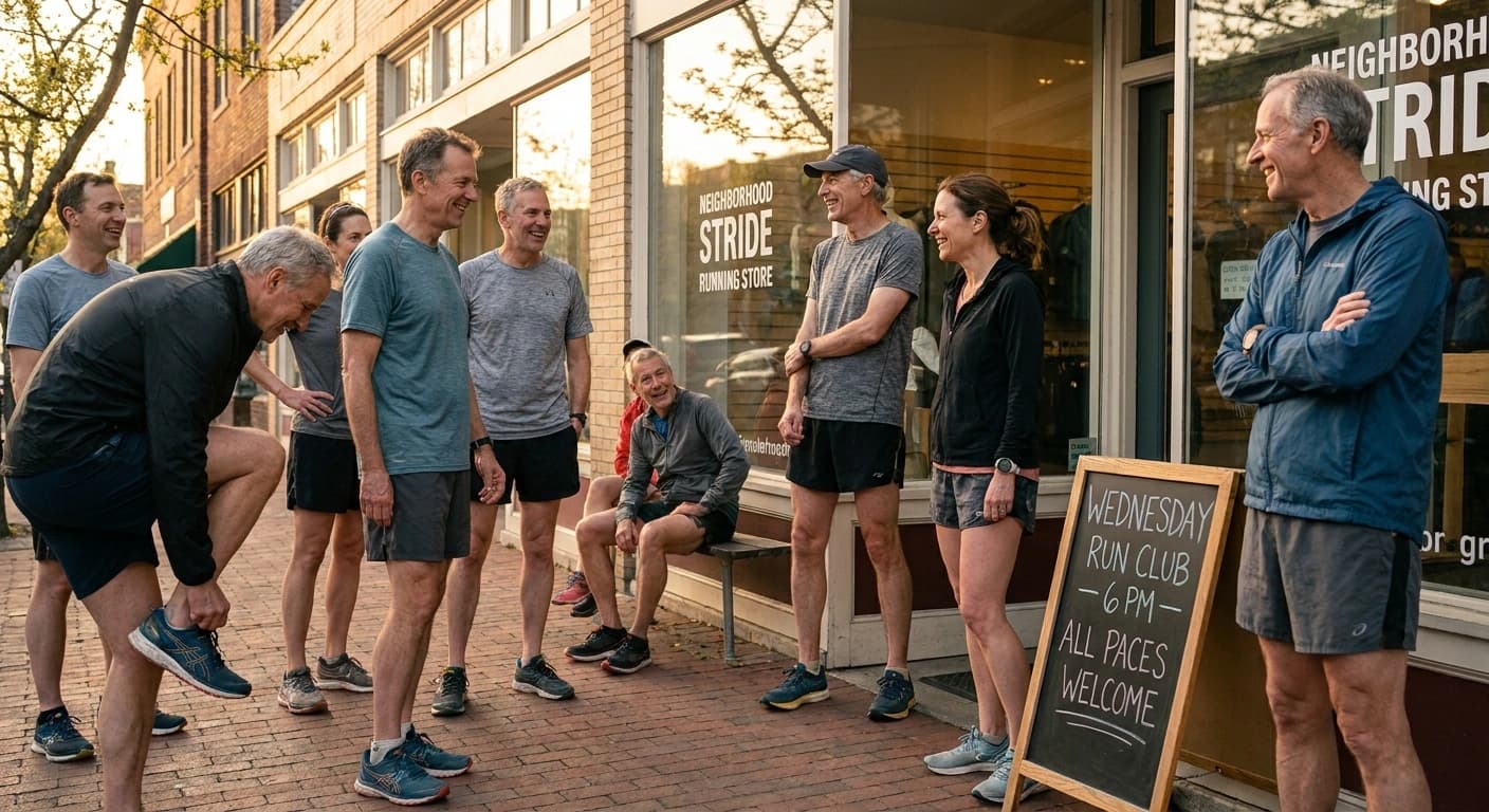 A friendly local running club gathered outside a neighborhood running store at golden hour, laughing and talking before a group run