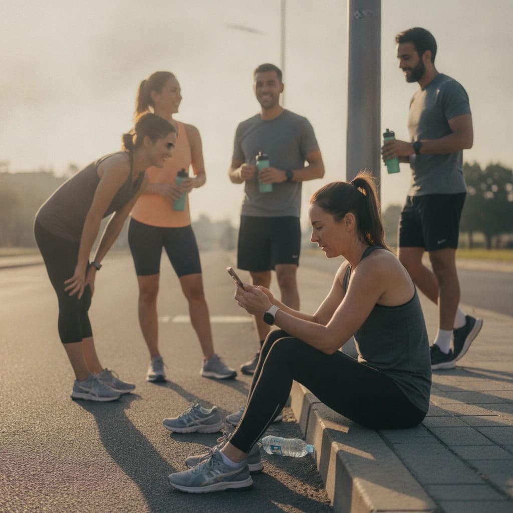 A run club organizer sitting on a curb after a morning group run, checking a member roster on her phone while runners stretch and chat in soft early light behind her