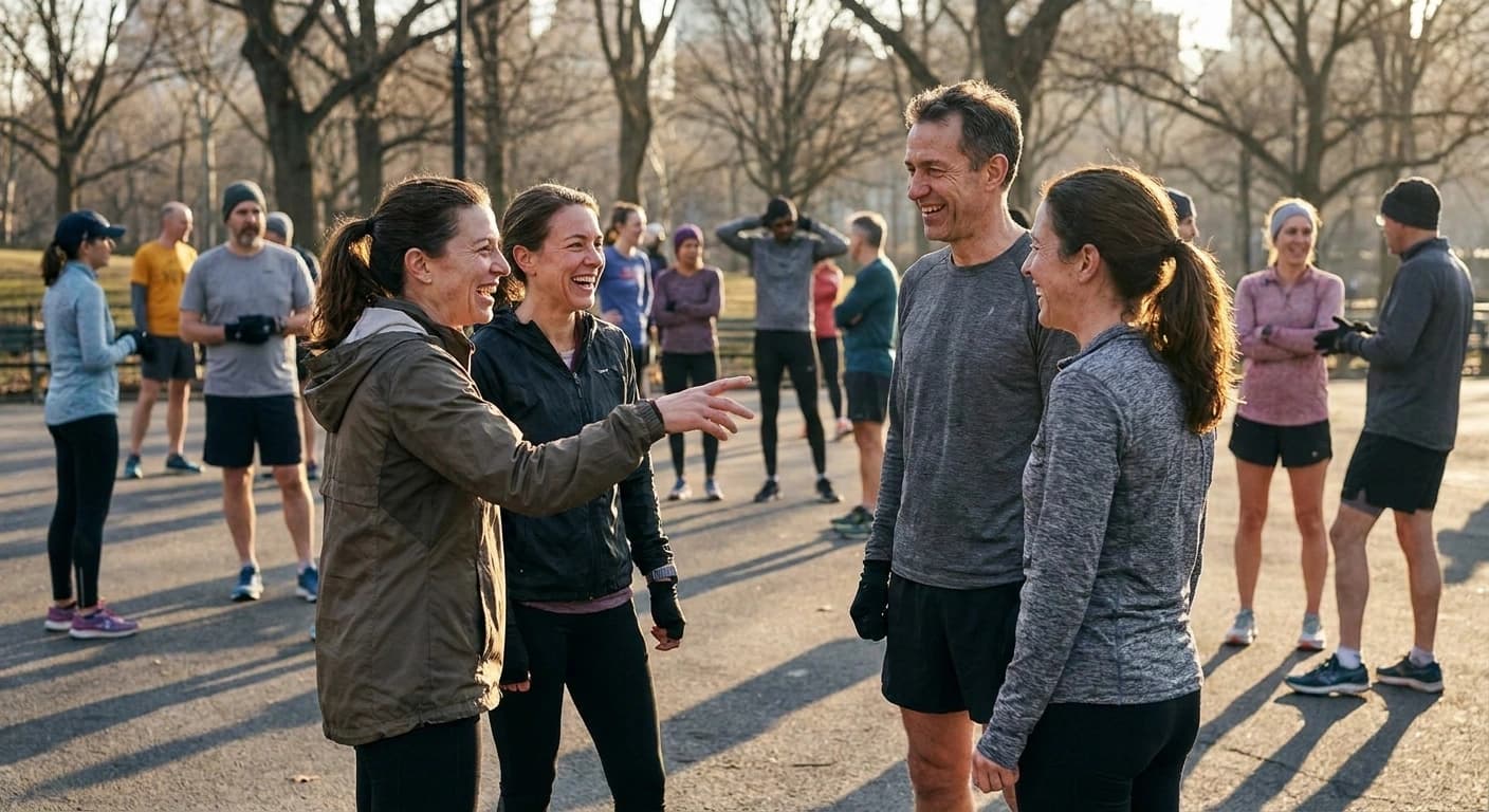 A runner introducing a friend to two other club members in a city park before an early morning group run.