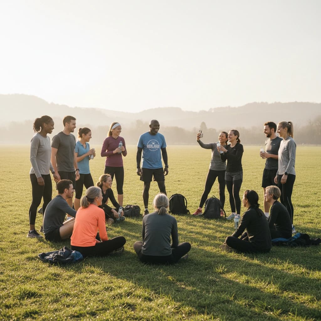 A diverse group of runners gathered in a circle at golden hour after a group run