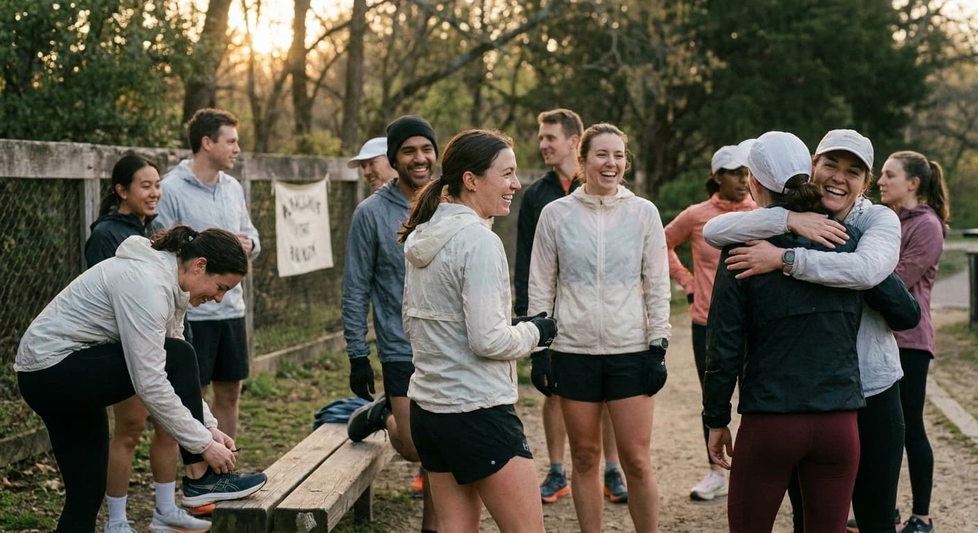 A group of runners of mixed ages gathered at a park trailhead at sunrise, stretching and chatting before a group run in warm morning light.