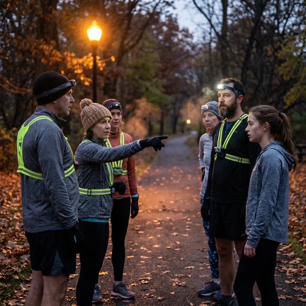 Runners in reflective vests and headlamps gathered at a park trailhead at dusk while one person points down a lit path