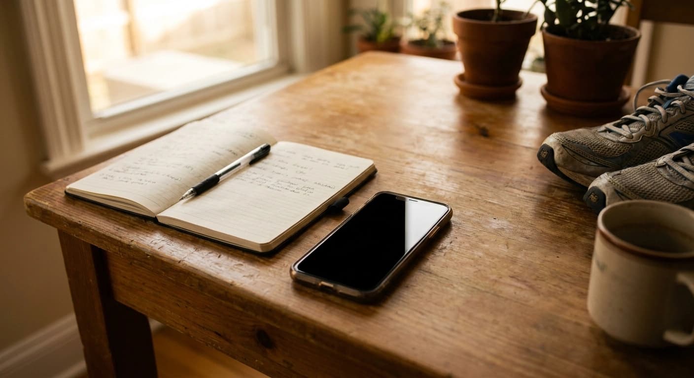 A club treasurer's kitchen table in afternoon light with a phone, an open notebook of handwritten member names, a mug and worn running shoes
