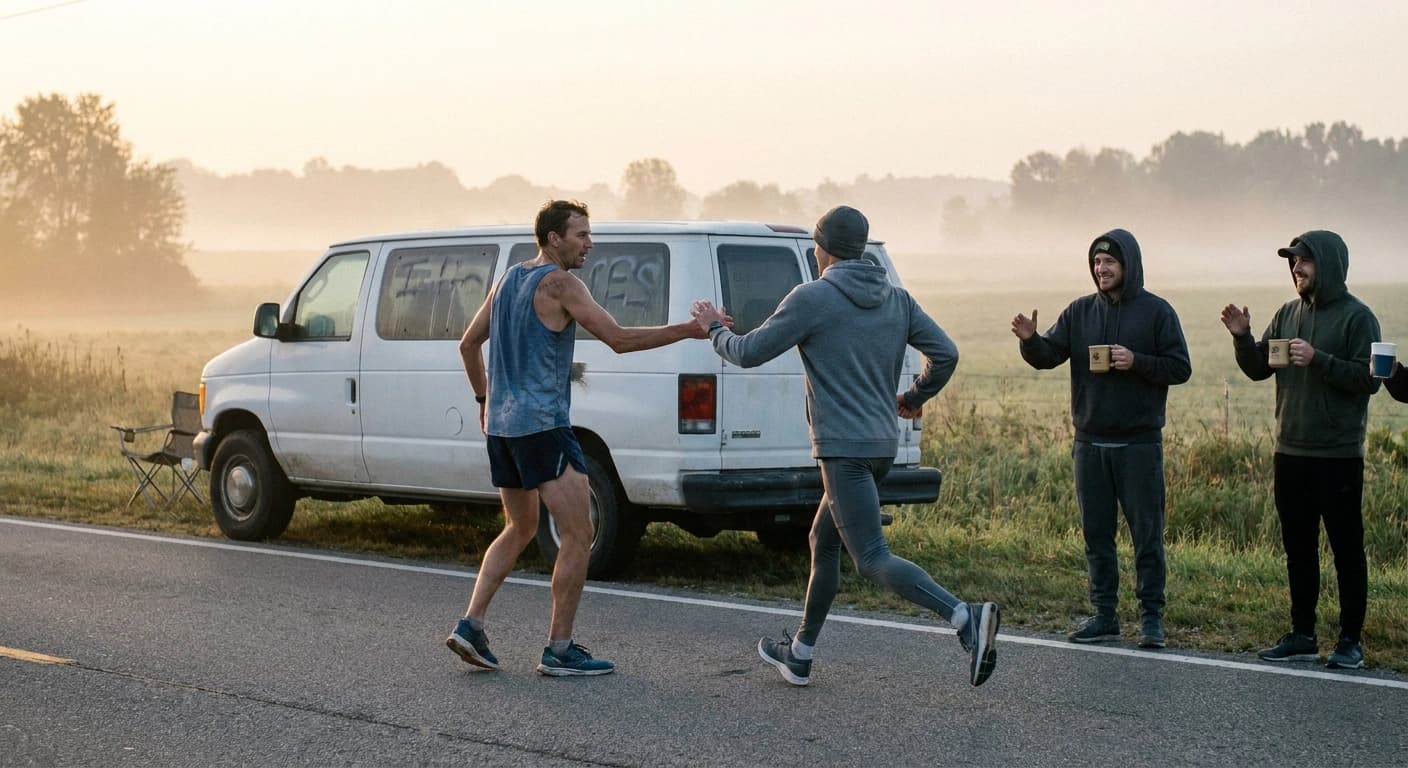 A runner in a club singlet hands off to a teammate at a rural relay exchange at dawn while teammates cheer beside a decorated van