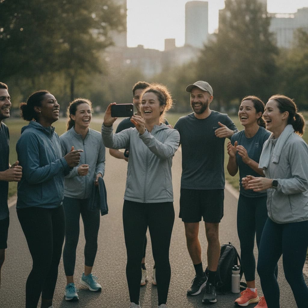 Diverse twenty- and thirty-something runners laughing together after a city group run while one films the group on a phone