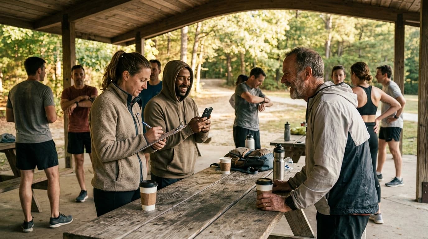 Runners gathered at a park pavilion after a morning run, one writing on a clipboard while a club leader listens and laughs